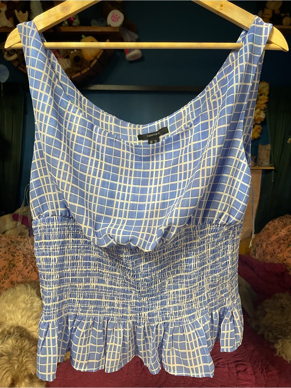 Forever 21 Blue and White Plaid Smocked Crop Top